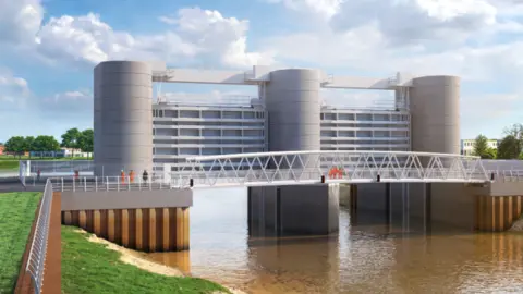 Environment Agency An artist's impression of the refined design for the tidal barrier which has three main strutts spanning a river and large gates between. There are white clouds in a blue sky behind and several workmen in orange construction uniform on the bridge.