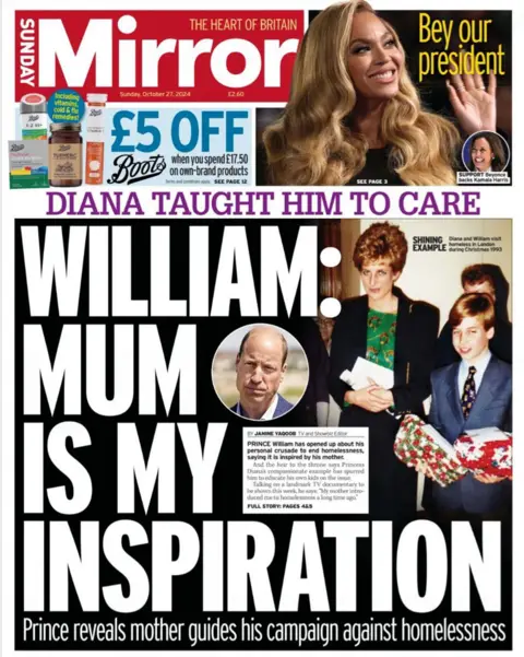 The main headline on the front page of the Daily Star reads: "William: Mum is my inspiration" 