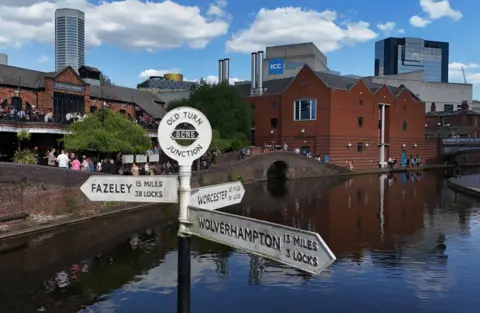 Jonathan Berg A white canal sign at Old Turn Junction signalling the direction to Fazeley, Wolverhampton and Worcester. Red brick buildings and a bridge can be seen at the canalside