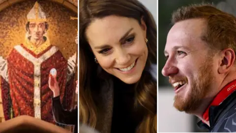 Three images: a shrine of St Michael, Catherine Princess of Wales and Axel Brown