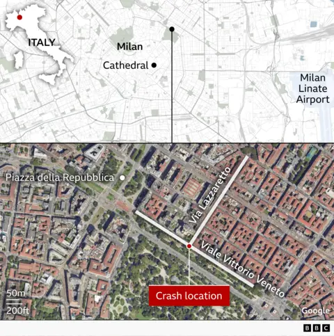 Map showing tram crash site in Milan
