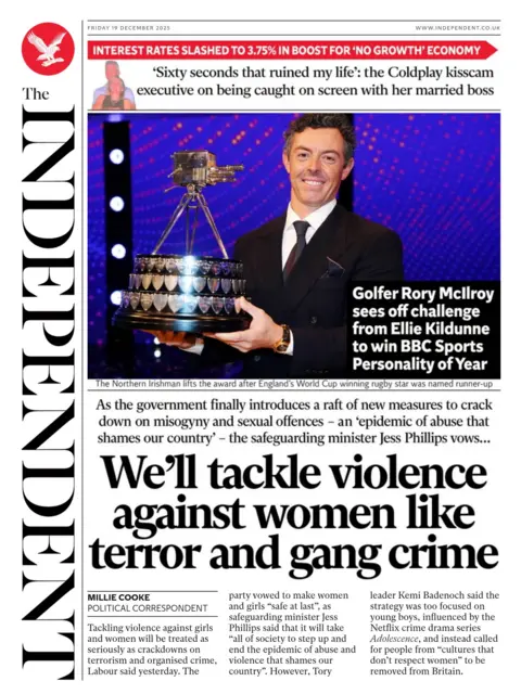 The headline on the front page of the Independent reads: "We'll tackle violence against women like terror and gang crime".