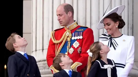 The Prince and Princess of Wales with their children, Prince George, Prince Louis, and Princess Charlotte, on the balcony of Buckingham Palace