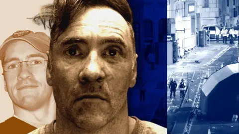 BBC A composite image showing Paul Doyle's police mugshot, with an an image of him as a younger man wearing glasses and a baseball cap in the backdrop alongside an image showing police walking down a road.