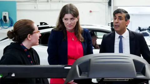Britain's Prime Minister Rishi Sunak and Britain's Science, Innovation and Technology Secretary Michelle Donelan talk with Wayve Technologies as they are shown autonomous driving technology during a visit to the offices of the automated driving technology company, in London on 7 May 2024