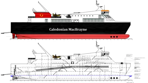 Schematic drawings of two new ferries, the top one showing a red and black ship and the lower one more schematic showing position of the vehicle ramps