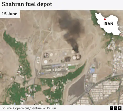 Satellite image of Shahran fuel depot with black smoke rising. Iran map locator in top right