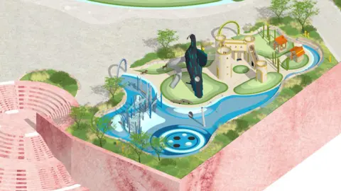 Liverpool One A computer generated artist's impression of a play area including a Liver Bird tower with tube slide, a castle structure, green areas and a climbing rope structure. A step area is located to the left.