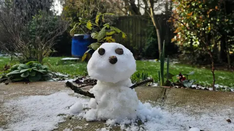 Plymouth Bird/BBC Weather Watchers A small snow man, with rocks for eyes and two sticks for arms. There is a small amount of snow around the snow man. Behind it is green grass and bushes and trees. 