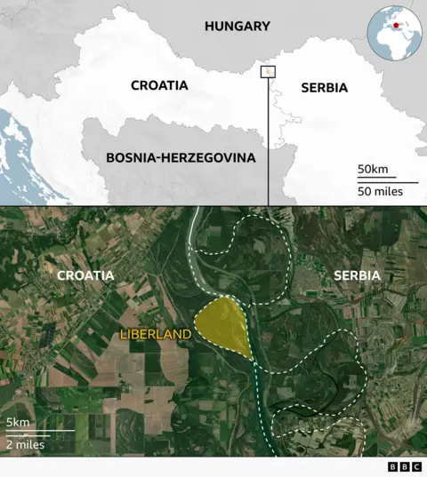 A map highlighting Liberland's disputed location between Croatia and Serbia