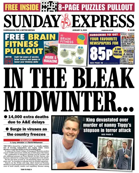 The headline in the Sunday Express reads: "In the bleak midwinter..."