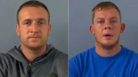 Thames Valley Police Two police mugshots - James Sheen is seen on the left. He has short hair and is wearing a grey hooded top. Michael Jones is on the right. He has mousy hair and a blue T-shirt.