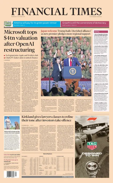 "Microsoft tops $4tn valuation after OpenAI restructuring" reads the headline on the front page of the Financial Times.