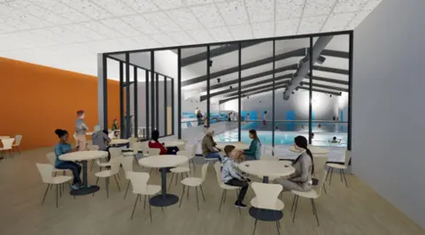 Fenland District Council A computer generated artist's impression of a cafe. It has people sitting at small round tables. A swimming pool is the other side of a large glass floor-to-ceiling windows.