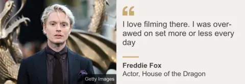 Getty Images Freddie Fox in dark suit standing in front of a golden statue