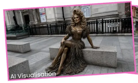 House of The Vivienne CIC/Proudly Said An AI image of the proposed life-size statue of The Vivienne on a concrete bench at the entrance to Liverpool's officially recognised Pride Quarter