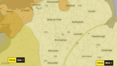 Met Office A map showing yellow weather warnings across the West Midlands.