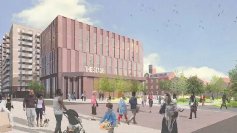 Luton Borough Council A computer generated image of The Stage, which will form part of the regeneration of Luton town centre. The brick building in front of a residential block and is surrounded by paving and trees.