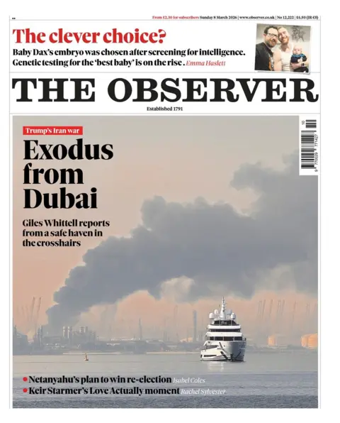 The front page of the Observer reads: "Exodus from Dubai."