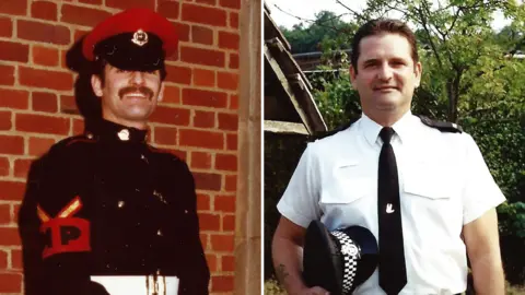 Mike Marshall A composite of two pictures of Mike Marshall. On the left he is wearing a black military uniform with a black and red hat. He is standing in front of a brick wall and is looking directly at the camera and smiling. On the right, Mike is standing outside in police uniform. He is standing in front of a tree with green leaves and is looking at the camera and smiling while carrying his police hat under his left arm.
