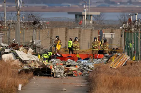 Firefighters, some in brown outfits and some in white and black, search at the wreckage of the Jeju Air aircraft. Their backs at to the camera. The wreckage is barely identifiable as a plane apart from the tail