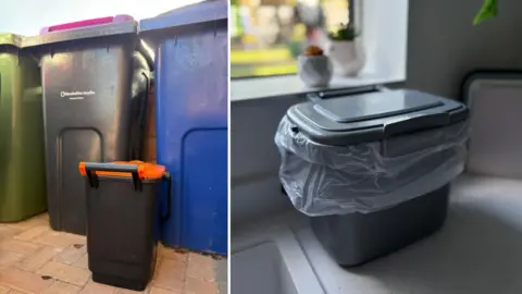 Composite shot of two images. The first shows a row of bins with a smaller orange-topped food waste bin in front. The second shows a smaller indoor bin