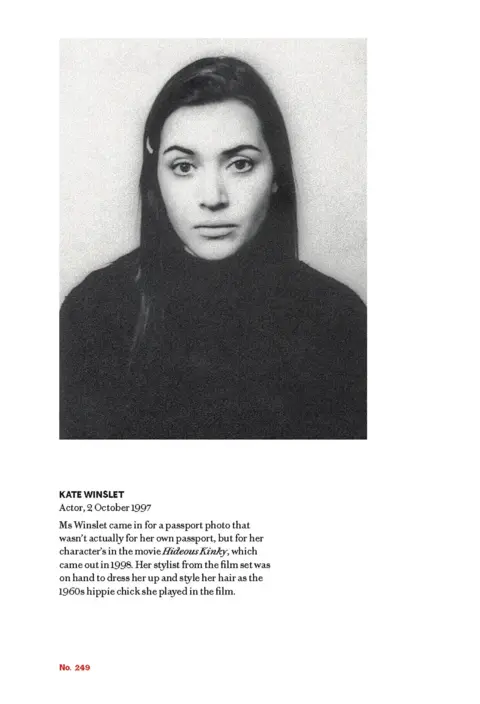 Phaidon Press Picture of Kate Winslet: Black-and-white, passport-style studio portrait of a person facing the camera against a plain light background, with long dark hair parted at the center, neutral expression, and wearing a dark high‑neck top, cropped tightly to the head and shoulders.