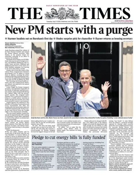 The headline on the front page of the Times reads: “New PM starts with a purge”.