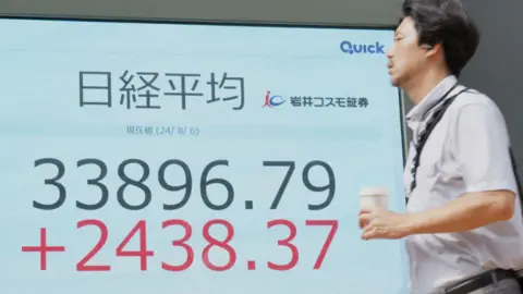 Getty Images Person walks past a quotation board displaying the share price on the Tokyo Stock Exchange in Tokyo.