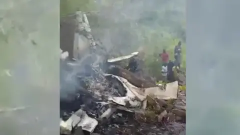 A blurry picture of a burnt-out rear of a crashed aeroplane.