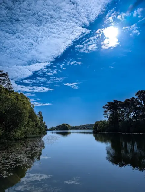 Pete Walls A deep blue sky with a patch of cloud to the top left reflected in a lake 