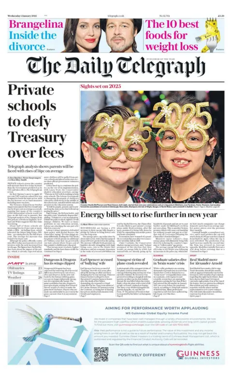 The Daily Telegraph's main headline reads "Private schools to defy Treasury over fees"