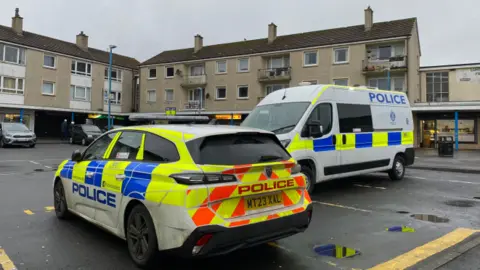 A police van and car parked outside a group of flats