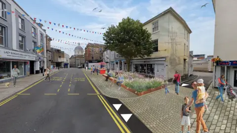 Cornwall Council An artist impression which shows plants planted on the left with people sat on a bench, with a tree next to it, there is also two bus stops on the road