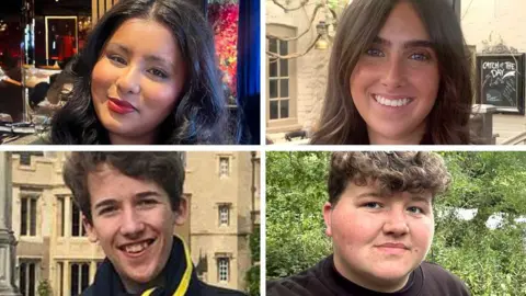 BBC A composite image showing four young people; two women and two men. All are smiling at the camera.