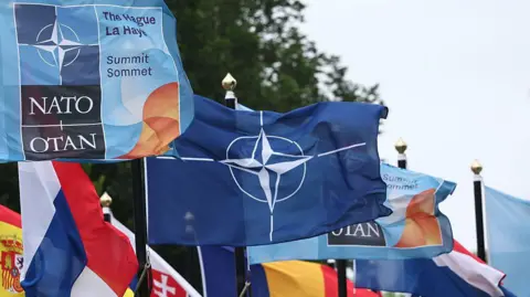 Getty Images Nato flags are seen flying outside the venue of the Nato 2025 summit in The Hague, Netherlands on 24 June, 2025.