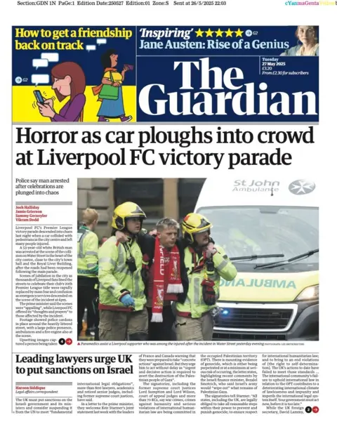 The headline on the front page of the Guardian reads: "Horror as car ploughs into crowd at Liverpool FC victory parade".