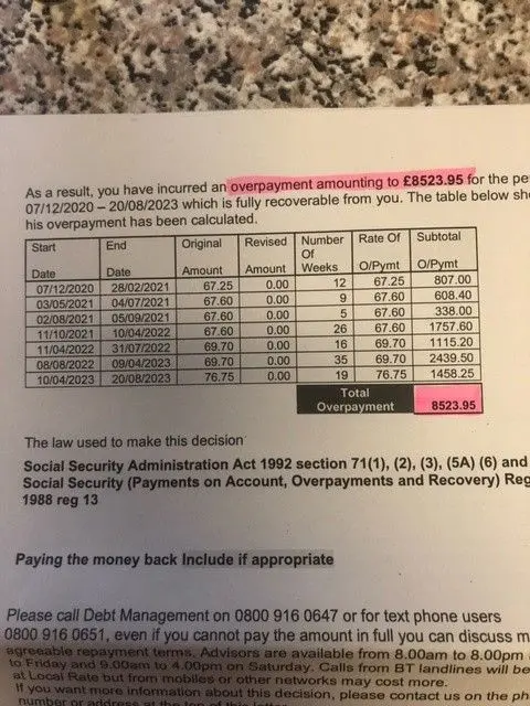 Richard Munson A letter from the Department for Work and Pensions detailing how much Mr Munson must pay back