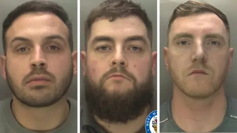Three men in a composite of police mugshots. The man on the left has short dark hair and dark stubble. The man in the middle has short brown hair and a bushy dark beard. The man on the right has short lighter brown hair and light stubble.