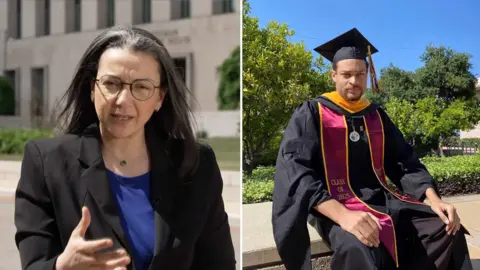 BBC's Shaimaa Khalil in a split screen with Cole Tomas Allen wearing a graduation gown.