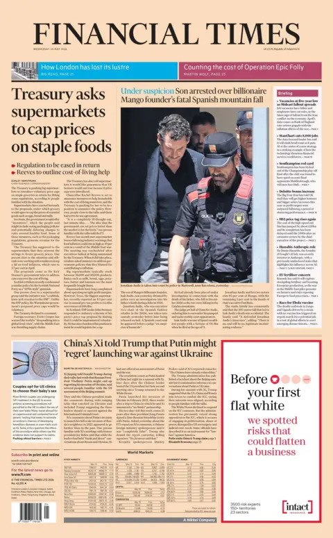 "Treasury asks supermarkets to cap price on staple foods," reads the headline on the front page of the Financial Times.