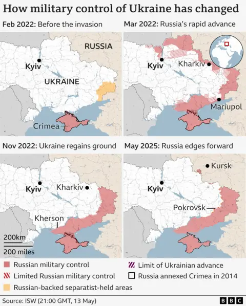 Maps showing changes in territorial control since the start of the war