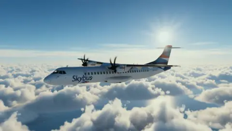 Isles of Scilly Steamship Group A twin-propeller white plane with blue wings flying above the clouds in the sunshine. It has Skybus in blue lettering on the side.
