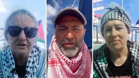 Instagram A collage of three individuals, each photographed separately on boats. They all wear patterned scarves. Woman on the left is wearing sunglasses. Middle is a  Bearded man wearing a cap. Woman on the right is wearing a black and white headscarf tied around their head.