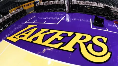 Lakers written on the floor