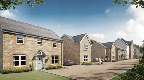 An artists impression of how the new houses would have looked. They are made of light brown stone with grey roofs and neat gardens