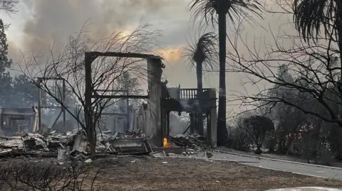 Catriona Waters A home is pictured completely burnt following the fires. Part of the structure remains standing. Trees surrounding the home have also been burnt. Black debris can be seen around the site.