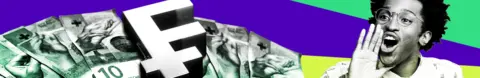 Banner with purple and green text. There are images of money on one side and someone speaking on the other. 