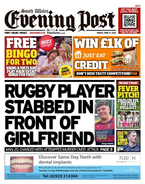 South Wales Evening Post South Wales Evening Post newspaper front page shows main headline next to a photo of a boy: Rugby player stabbed in front of girlfriend, man charged with attempted murder over attack. 