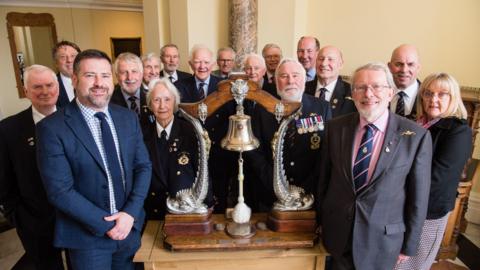 Councillor Kevin Guy and Andrew McFarlane OBE, President of Bath Submariners Group, with members of the Submariners Group and the Bath White Ensign Association